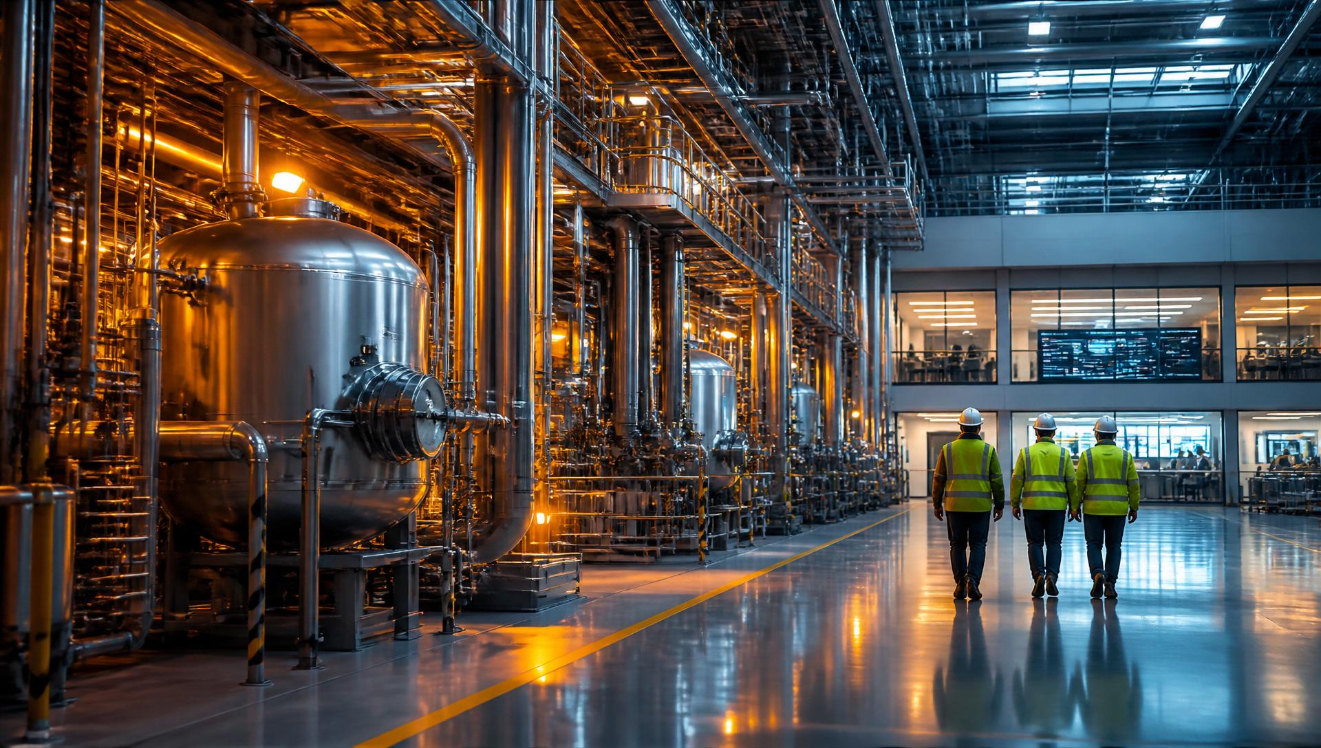 Industrial plant at night with molten metal ladle and steam